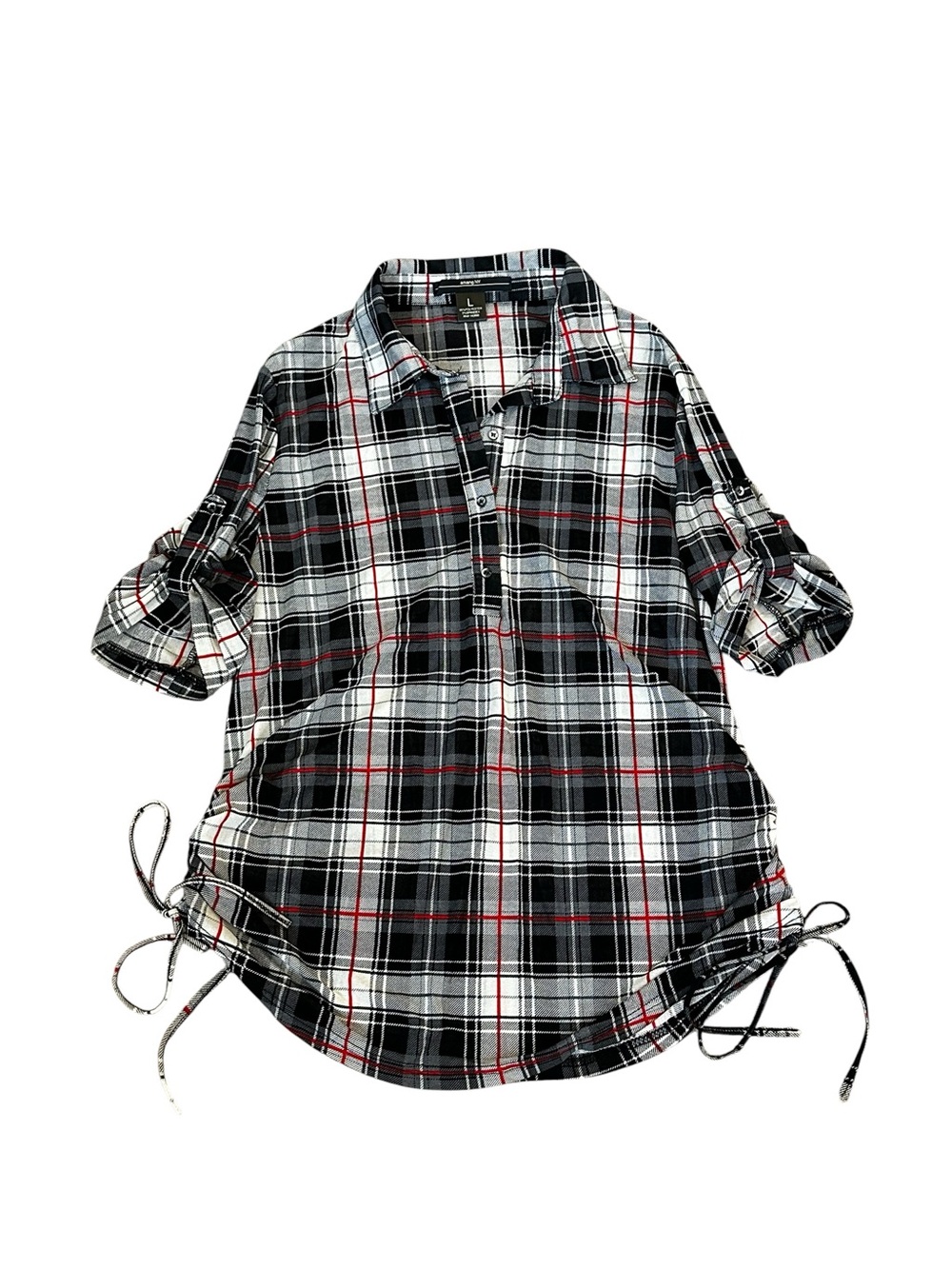 Amang NY Black Plaid Shirt Ruched Sides Semi Sheer 90s Grunge Alternative Y2K